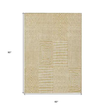 5' X 8' Gold And Ivory Geometric Washable Indoor Outdoor Area Rug