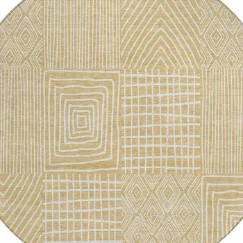 8' Gold And Ivory Round Geometric Washable Indoor Outdoor Area Rug