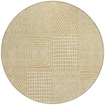 8' Gold And Ivory Round Geometric Washable Indoor Outdoor Area Rug