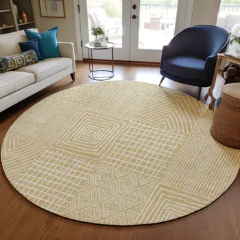 8' Gold And Ivory Round Geometric Washable Indoor Outdoor Area Rug