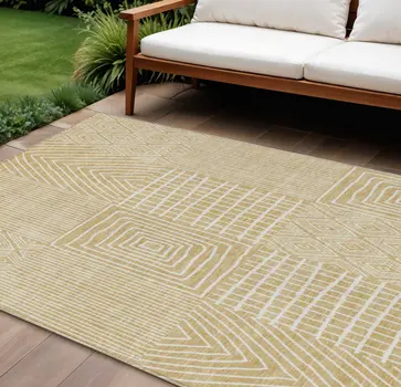 9' X 12' Gold And Ivory Geometric Washable Indoor Outdoor Area Rug