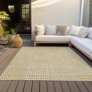 10' X 14' Gold And Ivory Geometric Washable Indoor Outdoor Area Rug