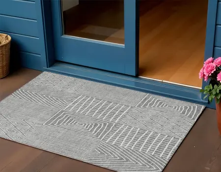 3' X 5' Gray And Ivory Geometric Washable Indoor Outdoor Area Rug