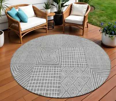 8' Gray And Ivory Round Geometric Washable Indoor Outdoor Area Rug
