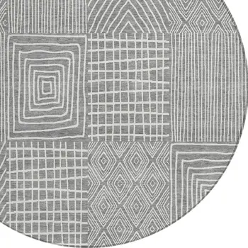 8' Gray And Ivory Round Geometric Washable Indoor Outdoor Area Rug
