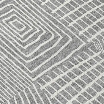 8' Gray And Ivory Round Geometric Washable Indoor Outdoor Area Rug