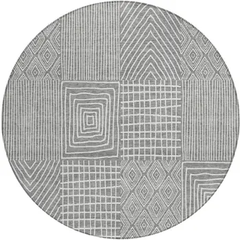 8' Gray And Ivory Round Geometric Washable Indoor Outdoor Area Rug