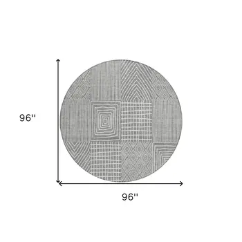 8' Gray And Ivory Round Geometric Washable Indoor Outdoor Area Rug