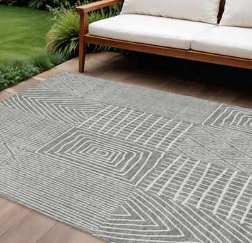 9' X 12' Gray And Ivory Geometric Washable Indoor Outdoor Area Rug