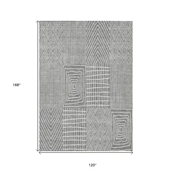 10' X 14' Gray And Ivory Geometric Washable Indoor Outdoor Area Rug