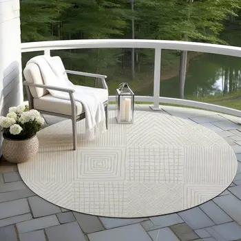 8' Ivory And Beige Round Geometric Washable Indoor Outdoor Area Rug