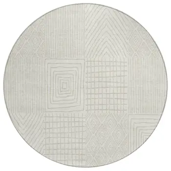 8' Ivory And Beige Round Geometric Washable Indoor Outdoor Area Rug