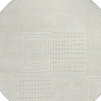 8' Ivory And Beige Round Geometric Washable Indoor Outdoor Area Rug