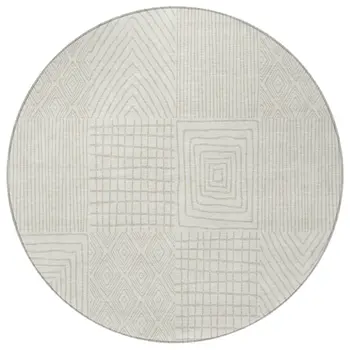 8' Ivory And Beige Round Geometric Washable Indoor Outdoor Area Rug