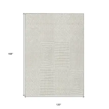 10' X 14' Ivory And Beige Geometric Washable Indoor Outdoor Area Rug