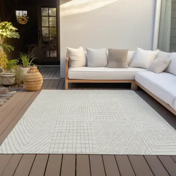 10' X 14' Ivory And Beige Geometric Washable Indoor Outdoor Area Rug