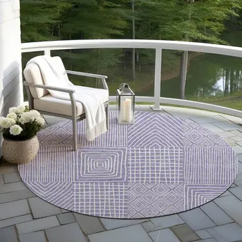 8' Lavender And Ivory Round Geometric Washable Indoor Outdoor Area Rug