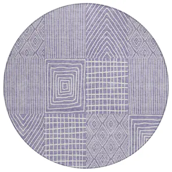 8' Lavender And Ivory Round Geometric Washable Indoor Outdoor Area Rug