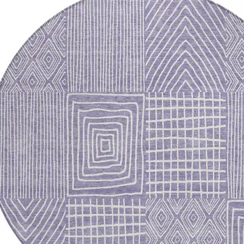 8' Lavender And Ivory Round Geometric Washable Indoor Outdoor Area Rug