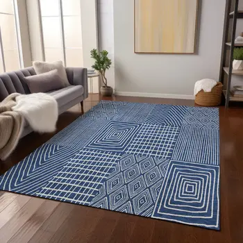 3' X 5' Navy Blue And Ivory Geometric Washable Indoor Outdoor Area Rug