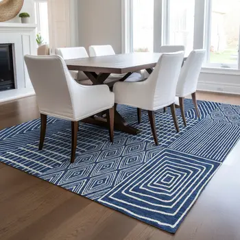 5' X 8' Navy Blue And Ivory Geometric Washable Indoor Outdoor Area Rug