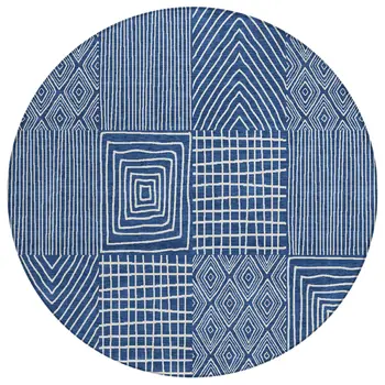 8' Navy Blue And Ivory Round Geometric Washable Indoor Outdoor Area Rug