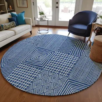 8' Navy Blue And Ivory Round Geometric Washable Indoor Outdoor Area Rug