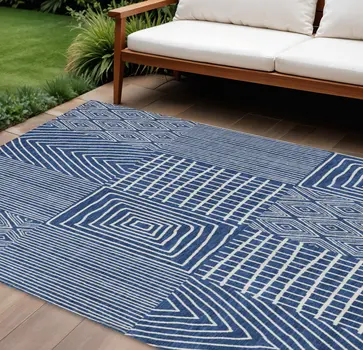 8' X 10' Navy Blue And Ivory Geometric Washable Indoor Outdoor Area Rug