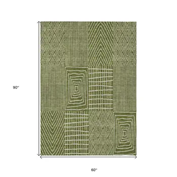 5' X 8' Olive Green And Beige Geometric Washable Indoor Outdoor Area Rug