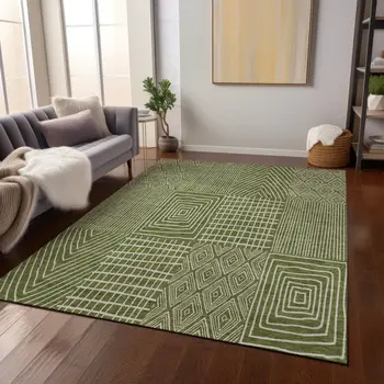 5' X 8' Olive Green And Beige Geometric Washable Indoor Outdoor Area Rug