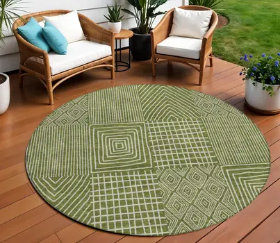 8' Olive Green And Beige Round Geometric Washable Indoor Outdoor Area Rug