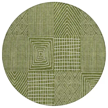 8' Olive Green And Beige Round Geometric Washable Indoor Outdoor Area Rug