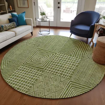 8' Olive Green And Beige Round Geometric Washable Indoor Outdoor Area Rug