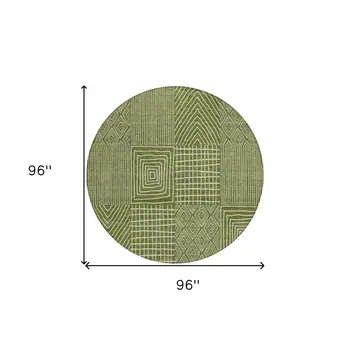 8' Olive Green And Beige Round Geometric Washable Indoor Outdoor Area Rug