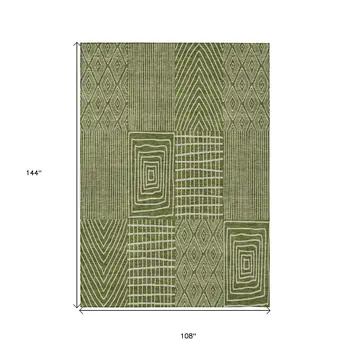 9' X 12' Olive Green And Beige Geometric Washable Indoor Outdoor Area Rug