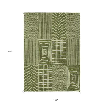 10' X 14' Olive Green And Beige Geometric Washable Indoor Outdoor Area Rug