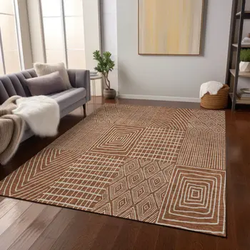 5' X 8' Brown And Beige Geometric Washable Indoor Outdoor Area Rug