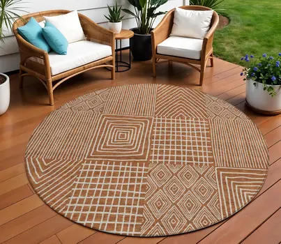 8' Brown And Beige Round Geometric Washable Indoor Outdoor Area Rug