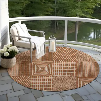 8' Brown And Beige Round Geometric Washable Indoor Outdoor Area Rug