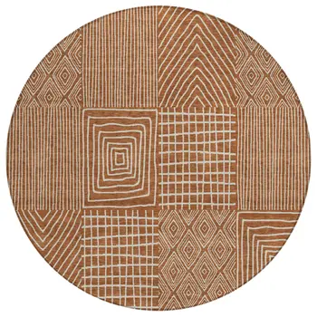 8' Brown And Beige Round Geometric Washable Indoor Outdoor Area Rug