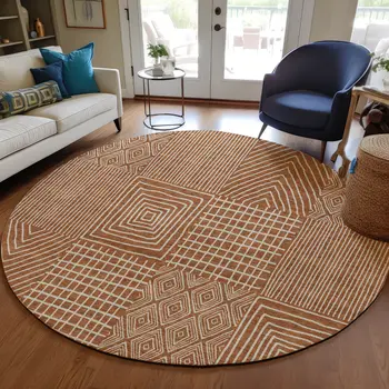 8' Brown And Beige Round Geometric Washable Indoor Outdoor Area Rug