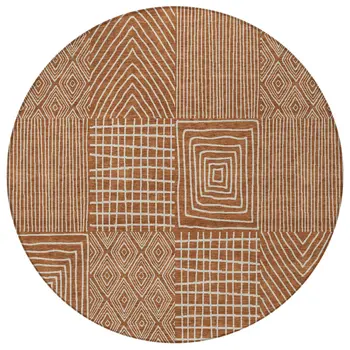 8' Brown And Beige Round Geometric Washable Indoor Outdoor Area Rug