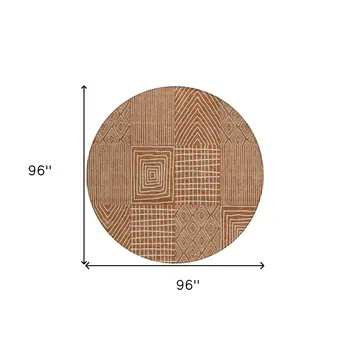 8' Brown And Beige Round Geometric Washable Indoor Outdoor Area Rug