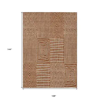9' X 12' Brown And Beige Geometric Washable Indoor Outdoor Area Rug