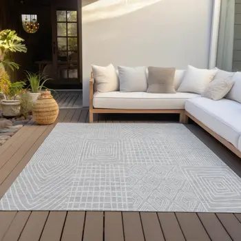 3' X 5' Silver And Ivory Geometric Washable Indoor Outdoor Area Rug