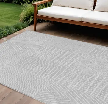9' X 12' Silver And Ivory Geometric Washable Indoor Outdoor Area Rug