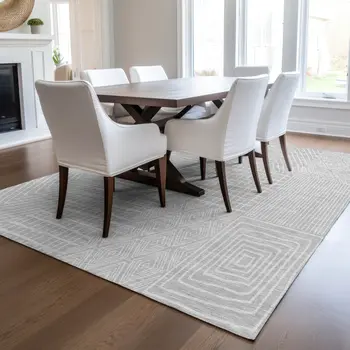 9' X 12' Silver And Ivory Geometric Washable Indoor Outdoor Area Rug