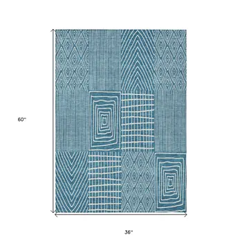 3' X 5' Teal Blue And Ivory Geometric Washable Indoor Outdoor Area Rug