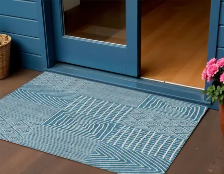 3' X 5' Teal Blue And Ivory Geometric Washable Indoor Outdoor Area Rug