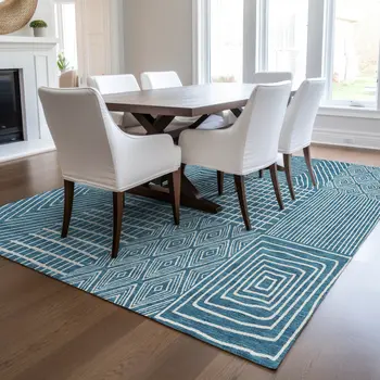 3' X 5' Teal Blue And Ivory Geometric Washable Indoor Outdoor Area Rug